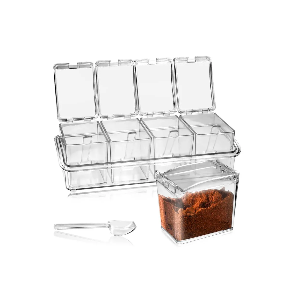 Clear 4-cell spice rack with spoons on tray