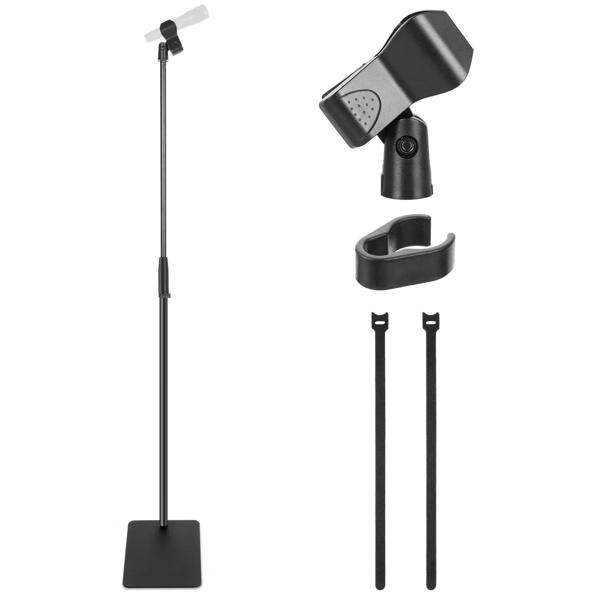 Square-base microphone stand with clip, black powder-coated steel, height adjustable 36.2 to 63.38 inches