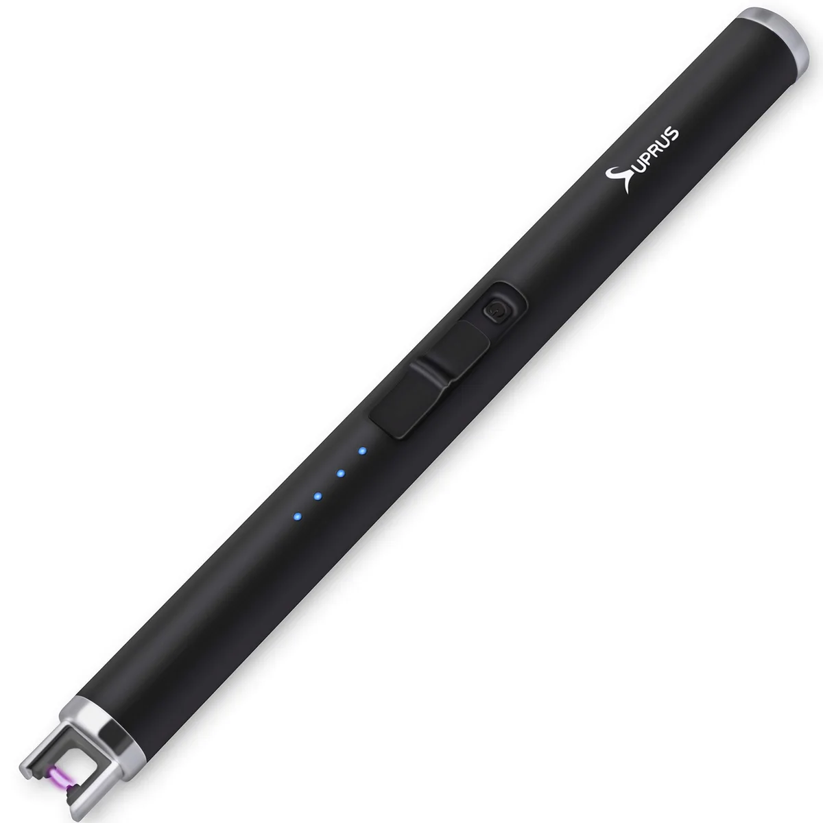Black stainless-steel arc lighter with LED battery display and USB-C charging