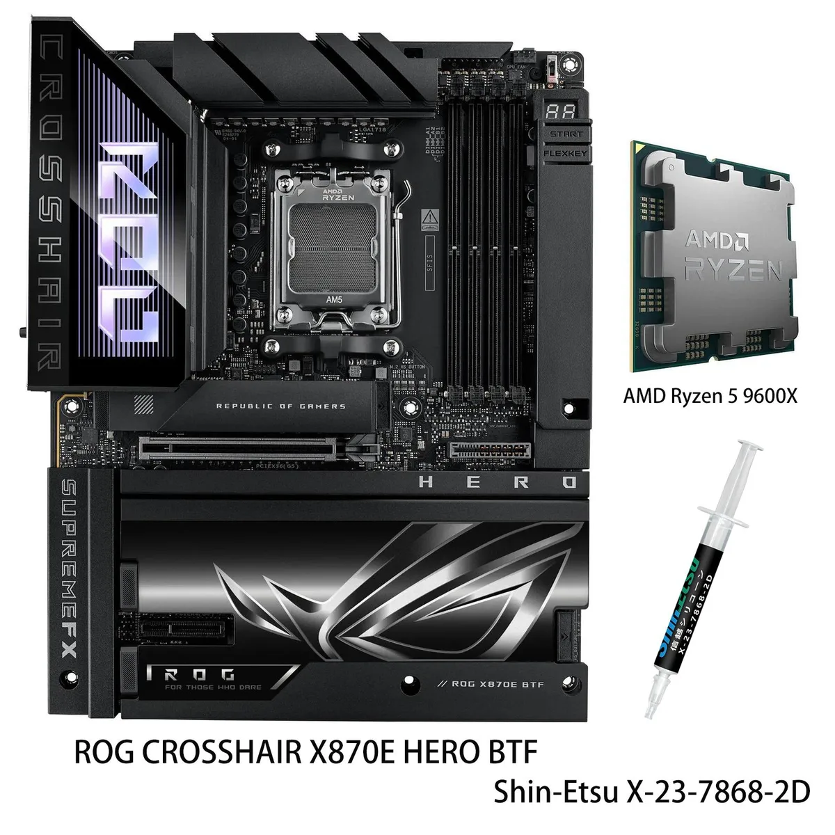 ASUS ASUS ROG CROSSHAIR X870E HERO BTF AMD motherboard &amp; Ryzen 5 9600X CPU combo — product photo