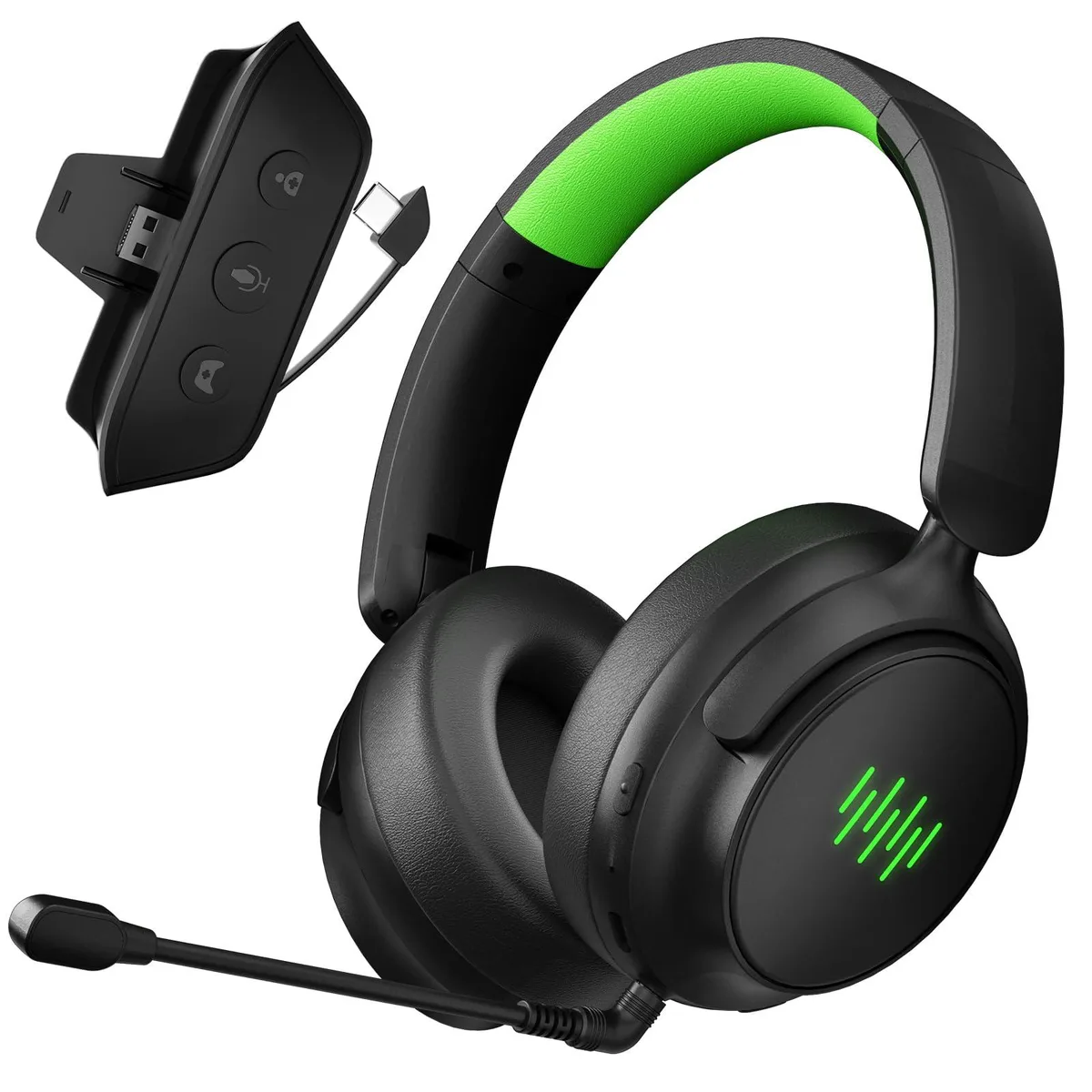 Black over-ear wireless gaming headset with adjustable boom microphone