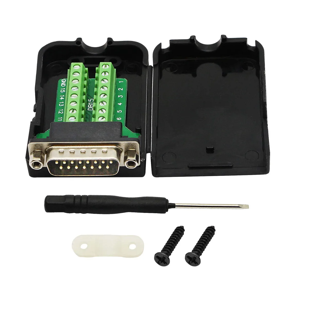 Black DB15 breakout board in a green PCB with screw terminals and a black plastic case
