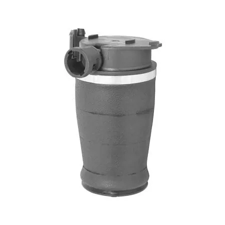 Black cylindrical air spring with convoluted bellows and metal end caps