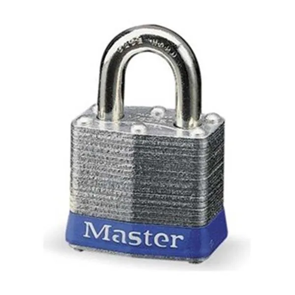 Blue laminated steel padlock with open shackle and two keys