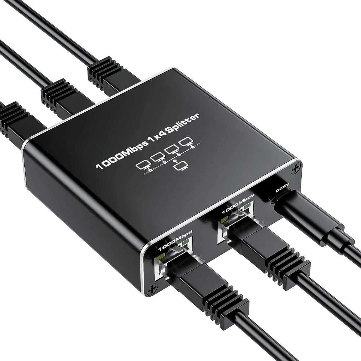 Small rectangular aluminium box with four RJ45 ports and a USB-C power lead