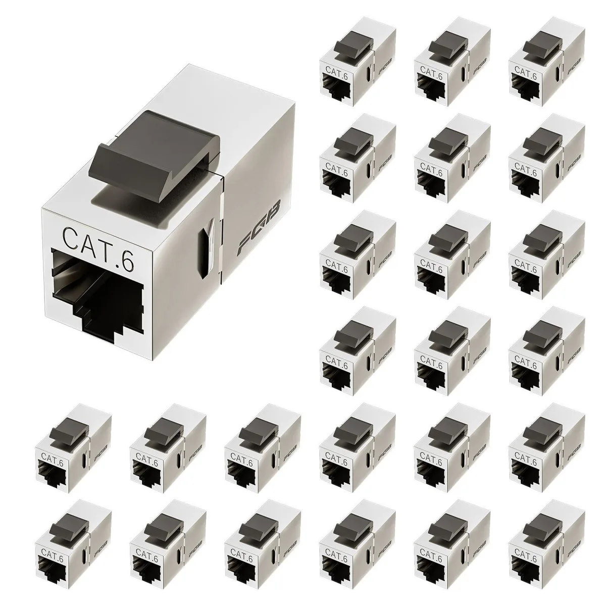 Twenty-five silver Cat6 shielded keystone couplers in a pack