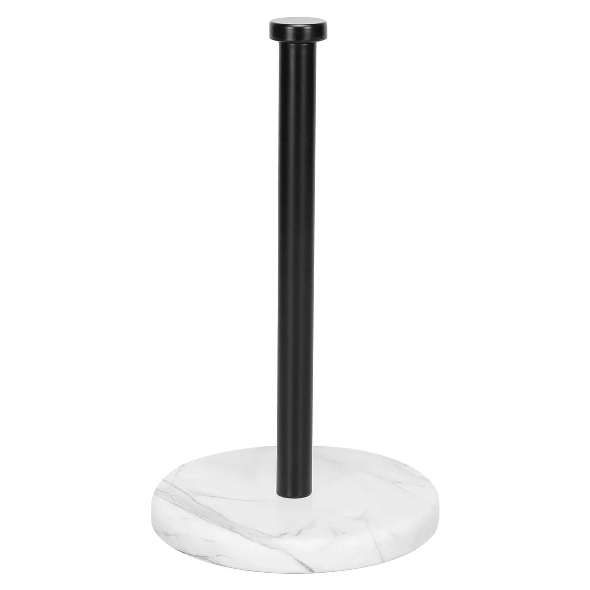 Freestanding paper towel holder with matte black stainless steel rod and weighted marble base