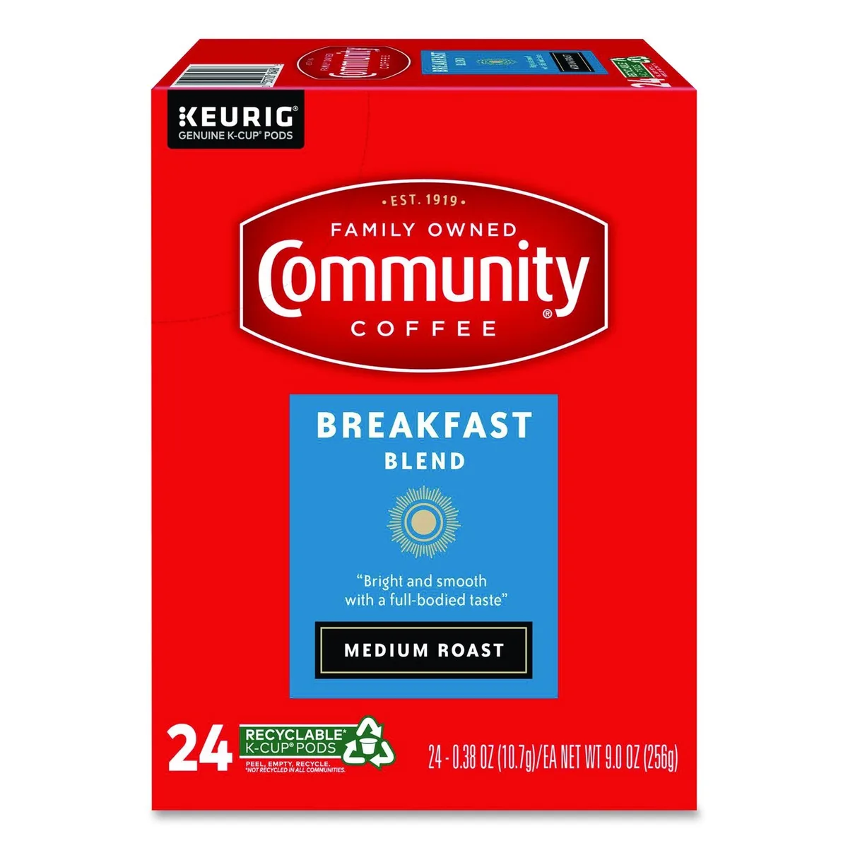 Cardboard box containing twenty-four single-serve coffee pods