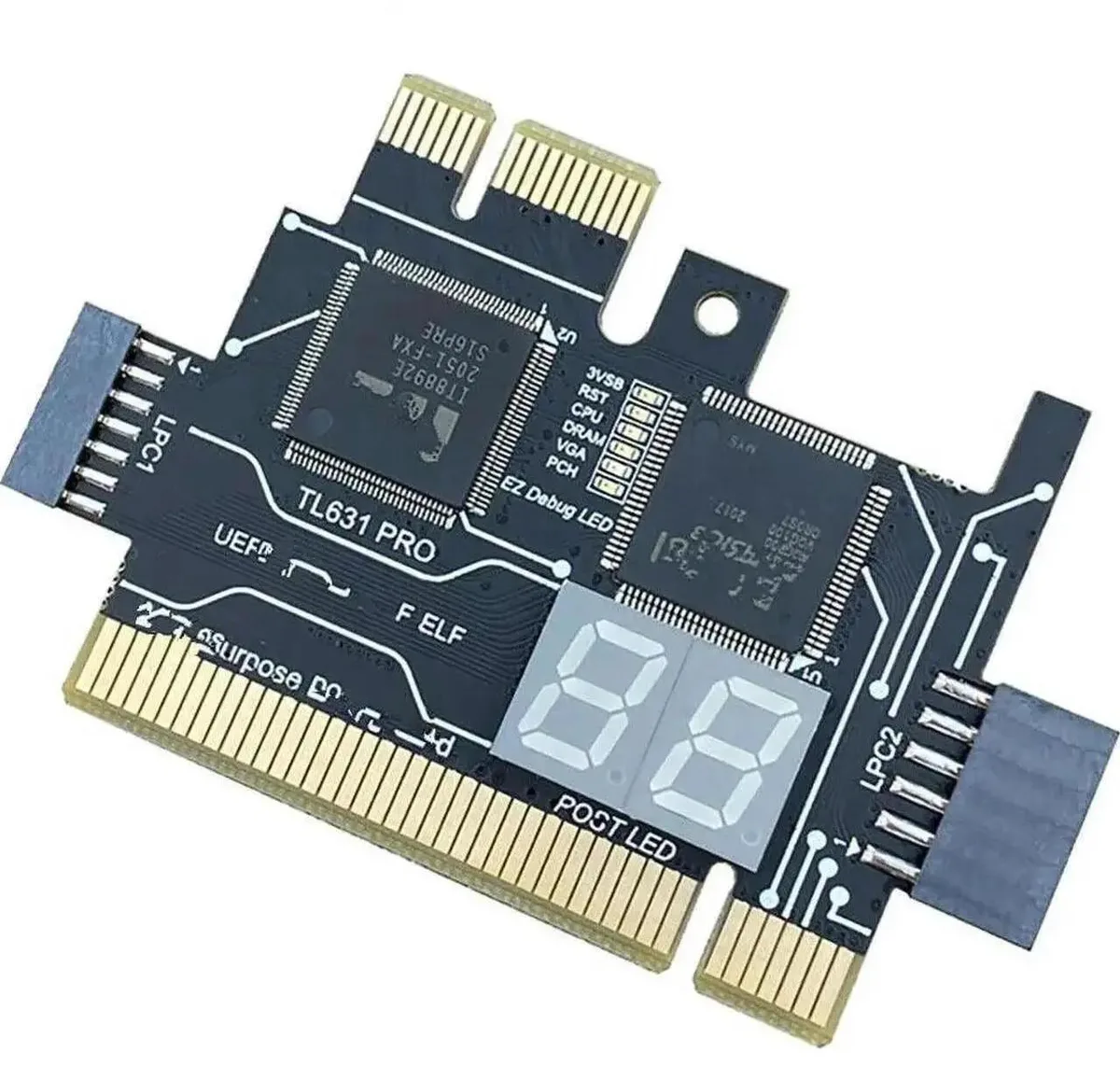 Compact green circuit-board diagnostic card with numeric display and multiple edge connectors