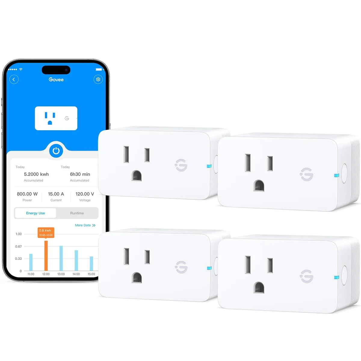 Four compact white rectangular smart plugs with a single front button and rounded edges