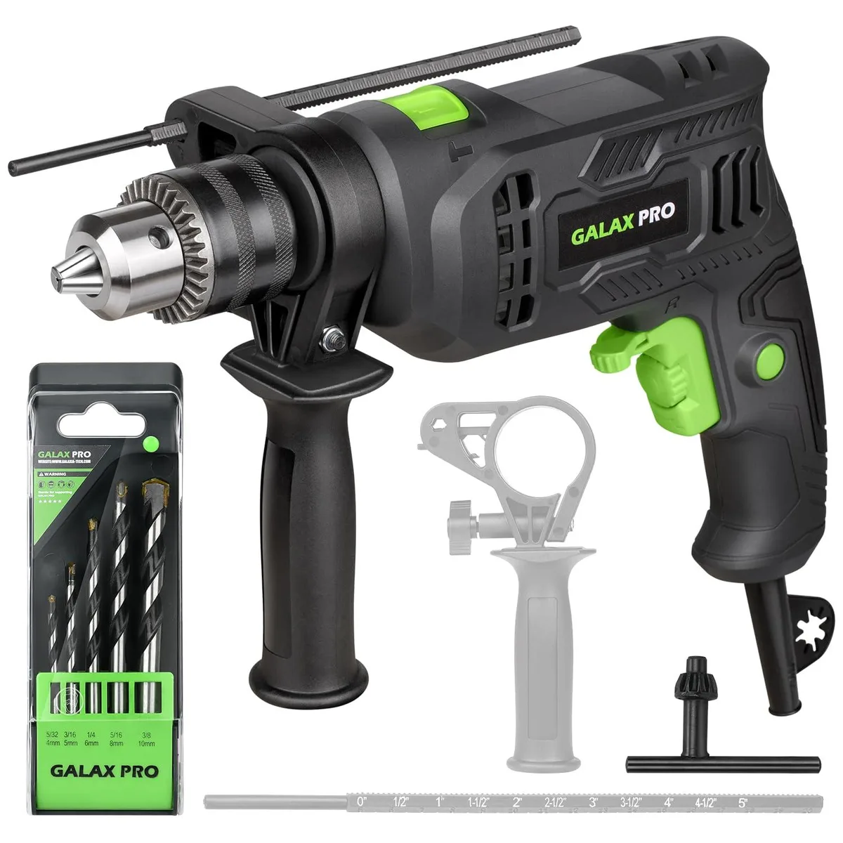 Blue corded hammer drill with pistol grip, side handle, chuck key and five drill bits