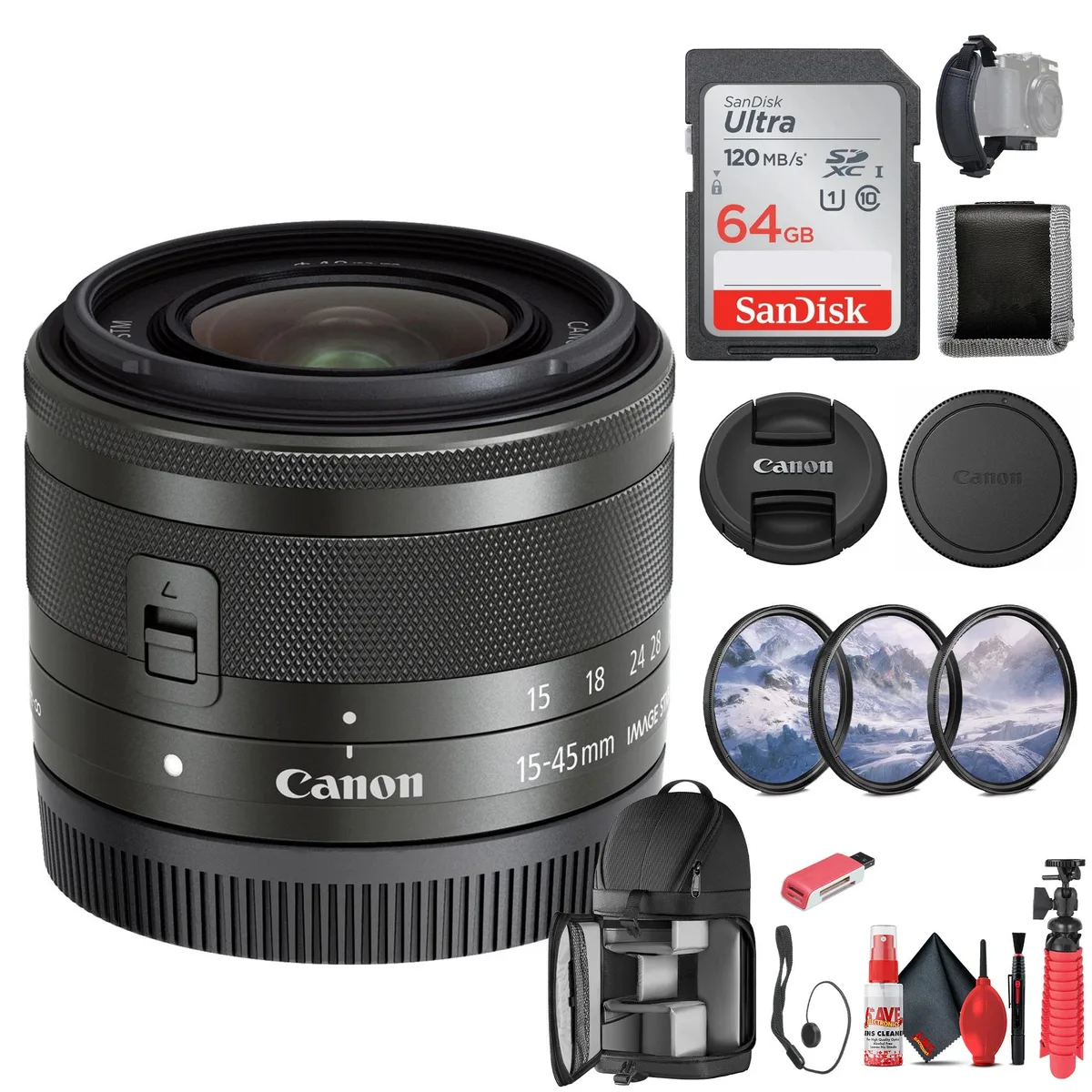 Canon Canon EF-M 15-45mm f/3.5-6.3 IS STM Zoom Lens Graphite 0572C002 Bundle — product photo