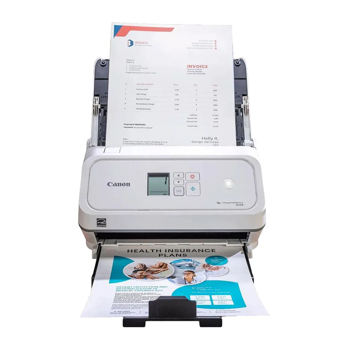 Compact flatbed scanner, matte grey finish, front output tray