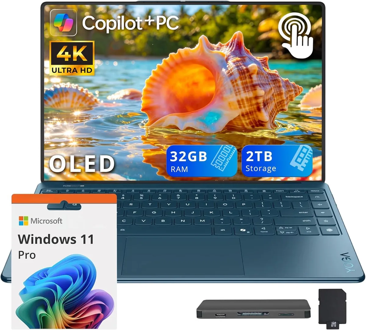 Lenovo Lenovo Yoga Slim 9i 14" 4K OLED Touch Business Laptop, Ultra 7 258V, 32GB, 1TB SSD + 1TB Dock, Tidal Teal — product photo