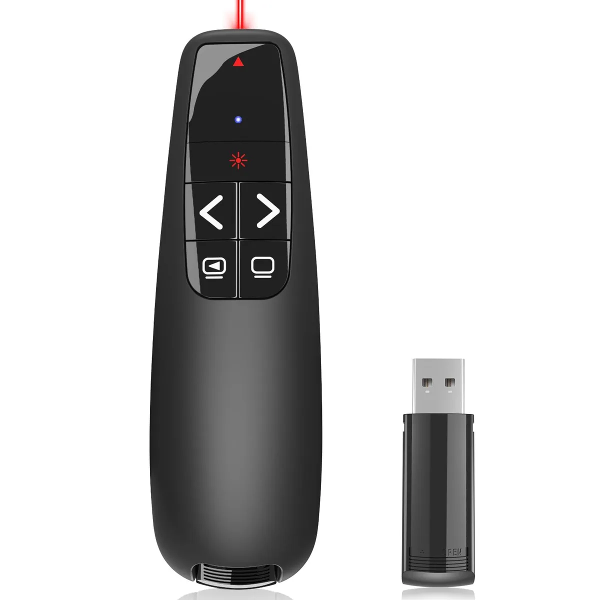 Black wireless presenter remote with red laser pointer, ergonomic shape, USB receiver stored in handle