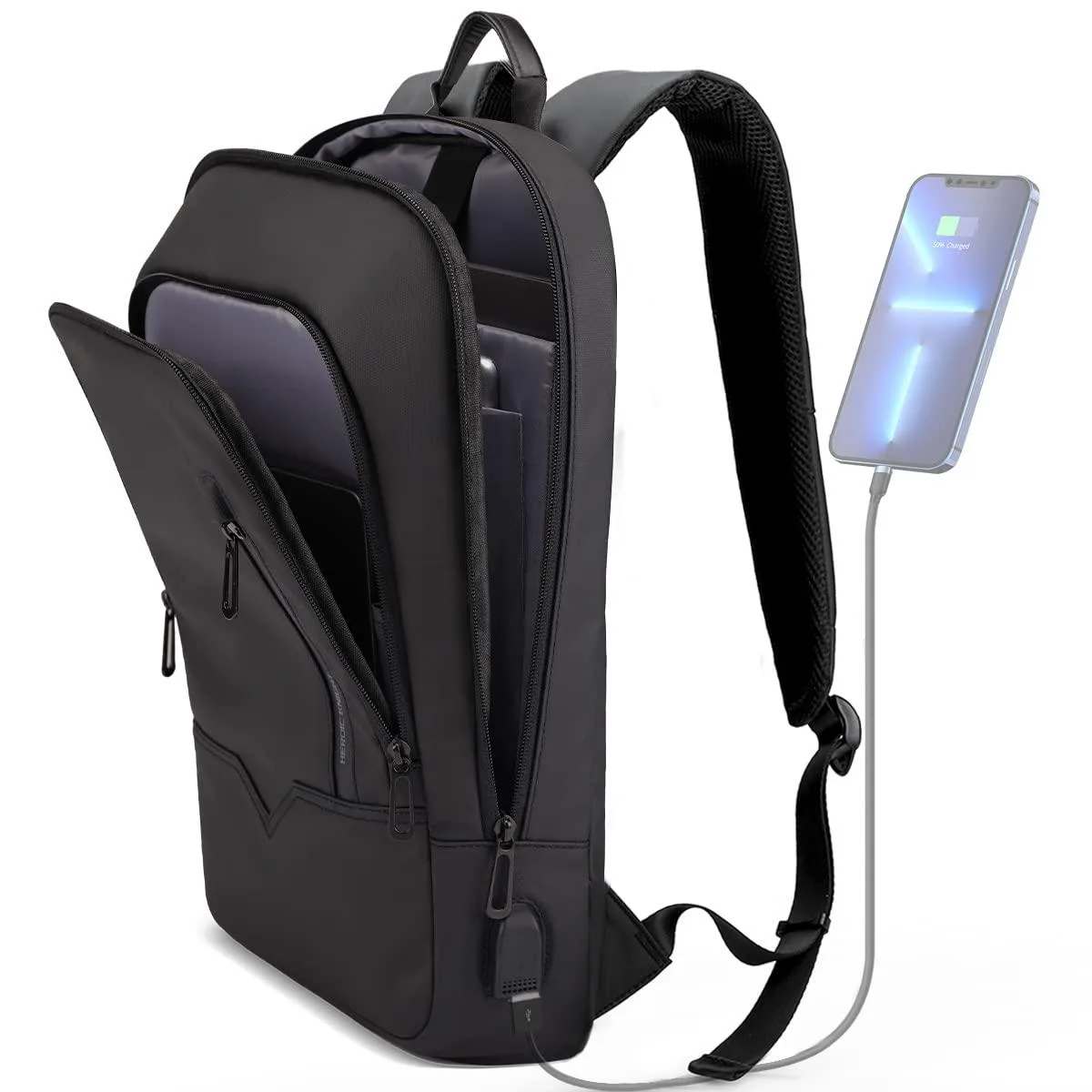 Beige polyester laptop backpack with padded 15.6 inch sleeve and USB port
