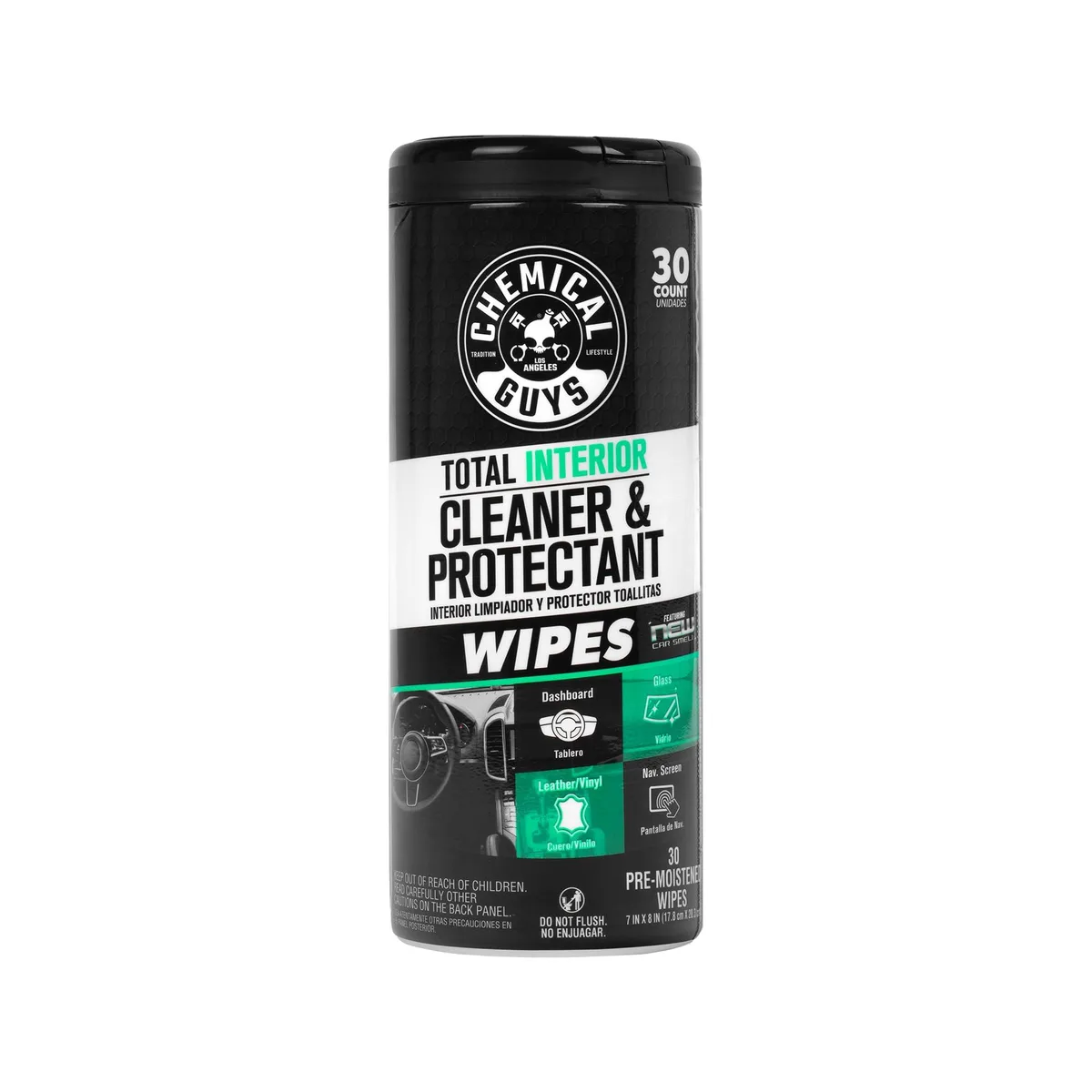 Blue cylindrical canister labelled Scosche PMWCSPI23430 interior care wipes 30 count