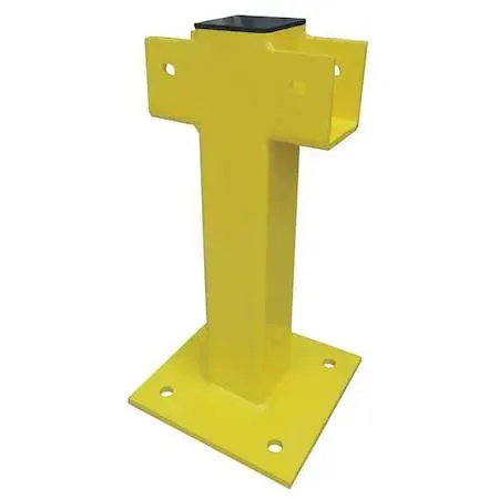 Yellow powder-coated steel intermediate post, 21 inches tall, square profile with mounting plate