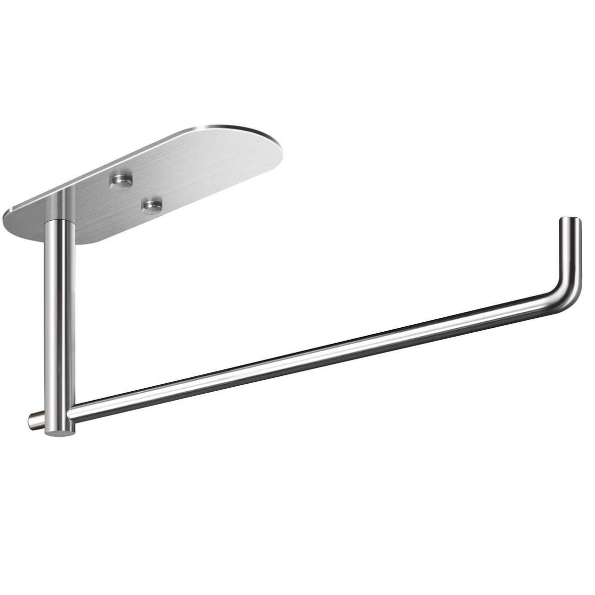 Silver stainless steel paper towel holder with a straight 12-inch bar and rectangular mounting plate