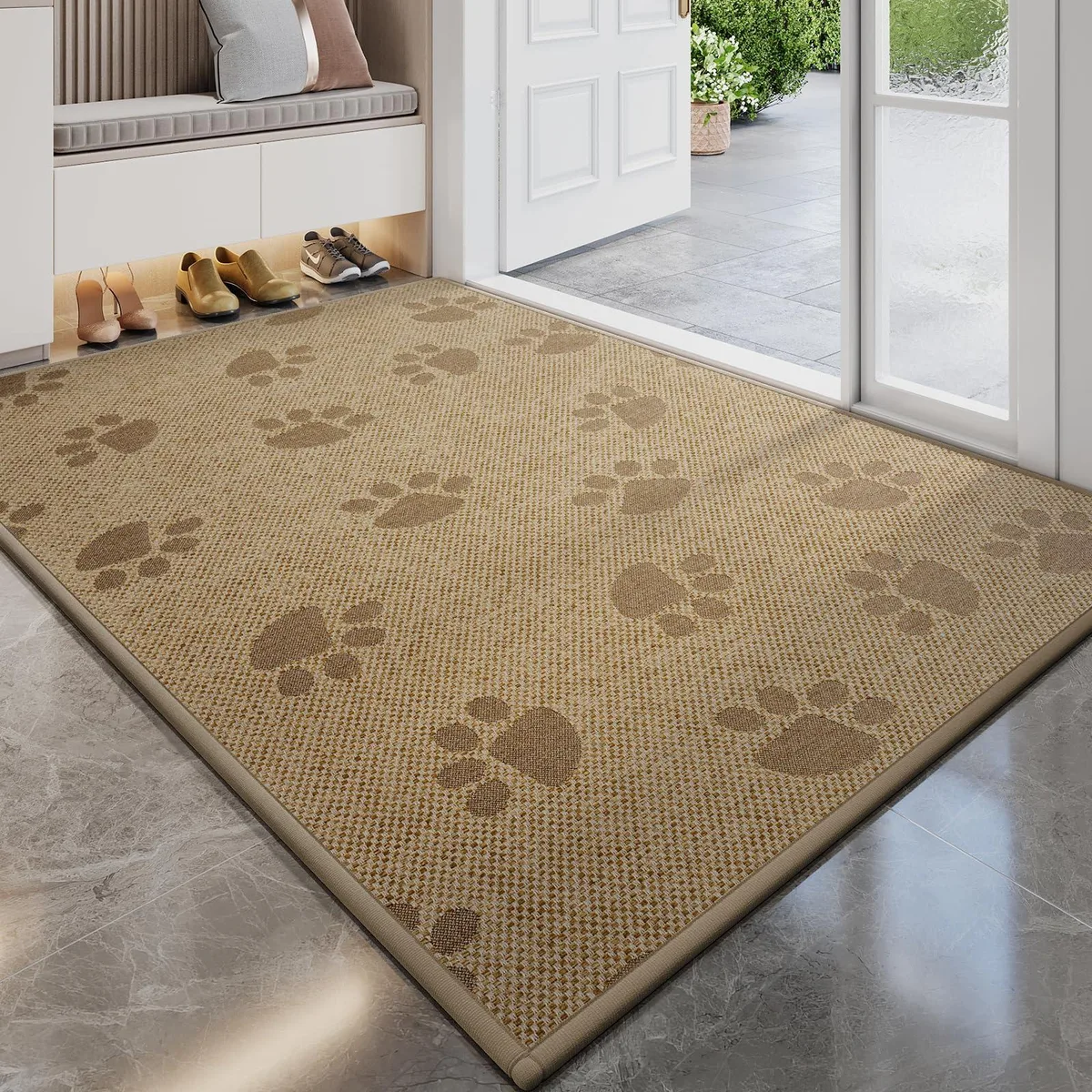 Brown rectangular doormat with embroidered paw prints, low pile, thin rubber backing
