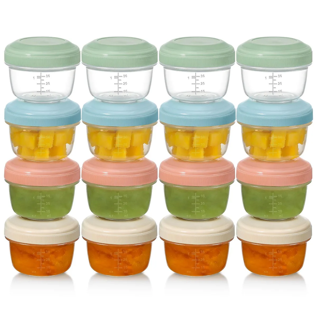 Sixteen small red plastic containers with screw lids