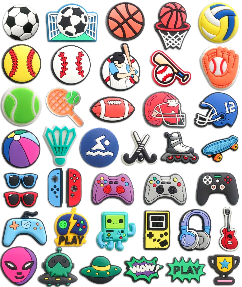 Forty black PVC shoe charms in sports and novelty shapes