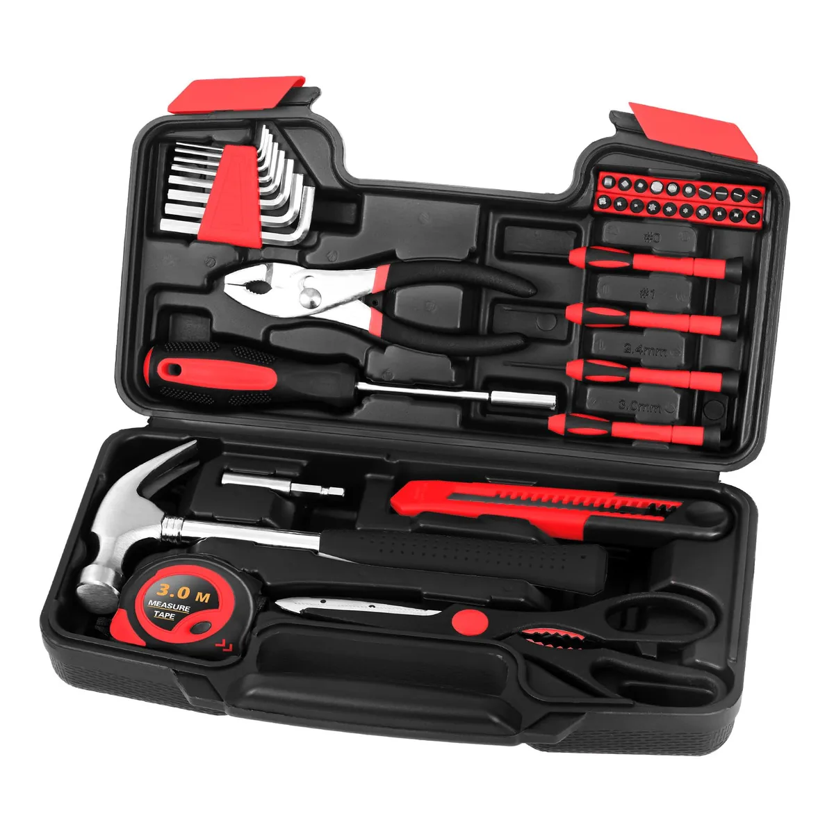 Red plastic case holding 39-piece steel hand tool set