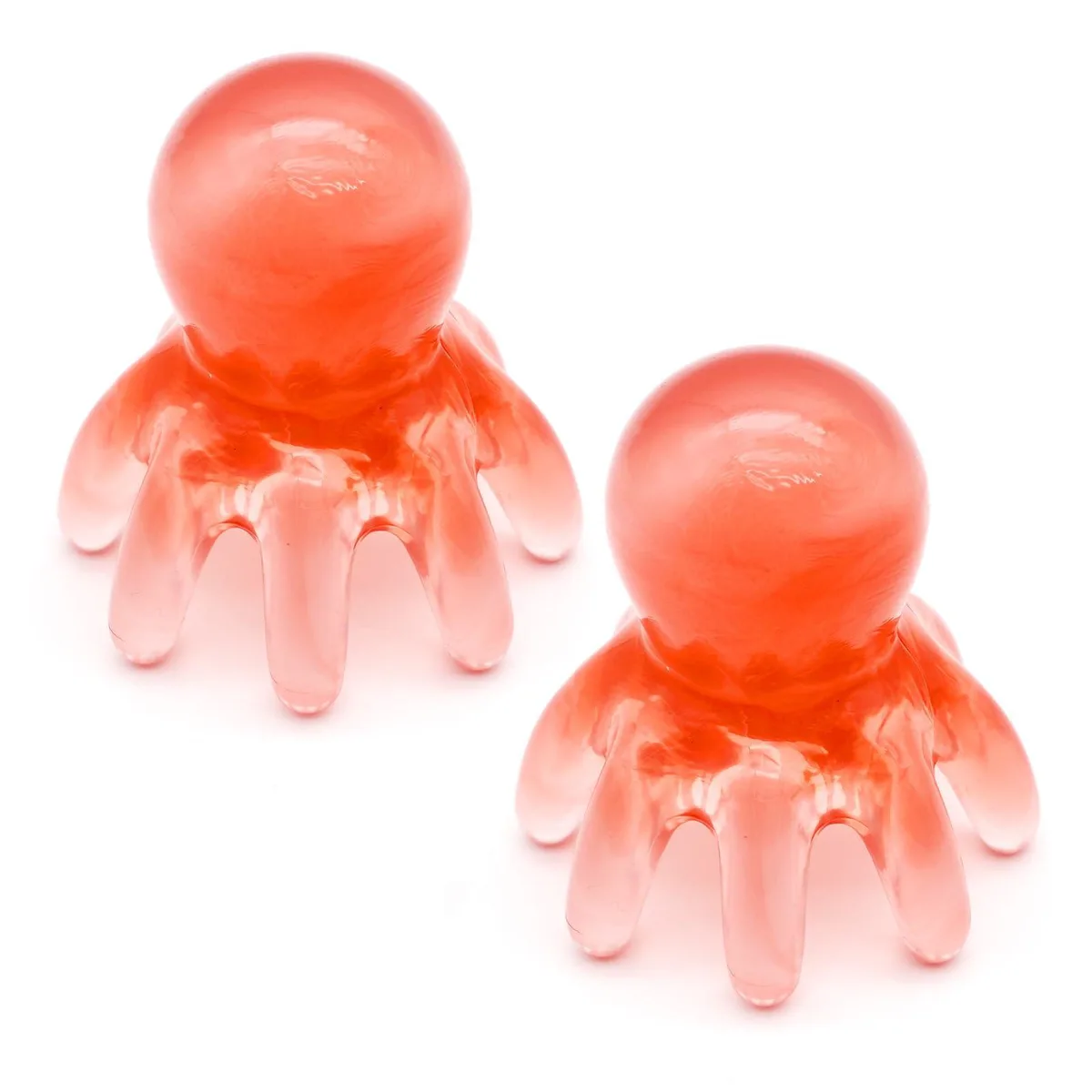 Two pink resin octopus scalp massagers with eight flexible fingers each