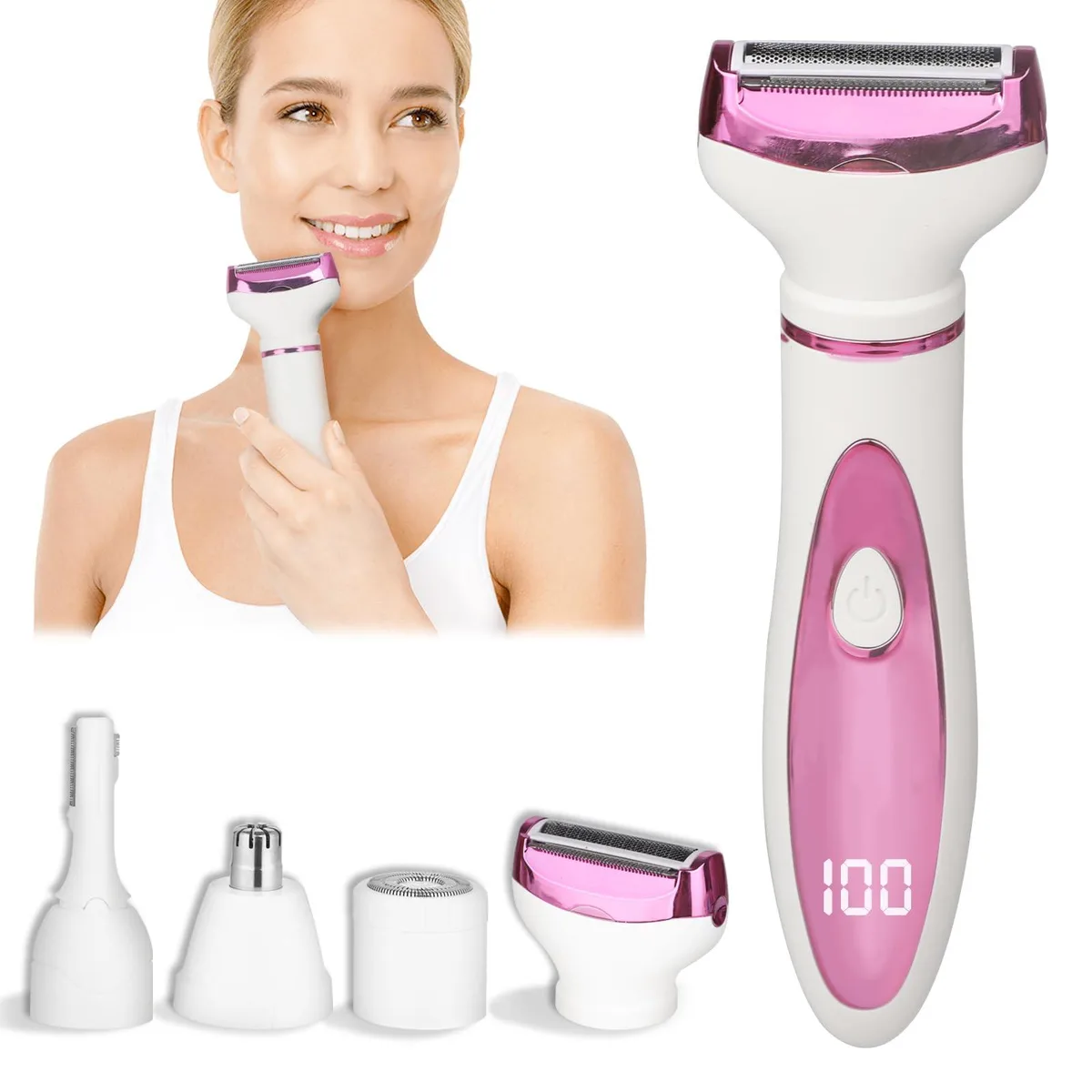 Purple Beanify 4-in-1 electric shaver with LED display and multiple attachments