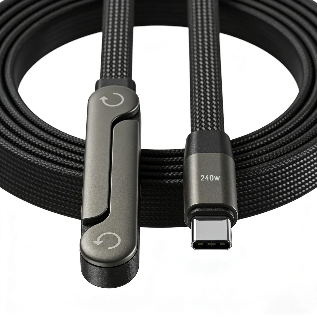 Orange flat USB-C to USB-C cable with 90-degree connector and foldable stand, 4.9ft