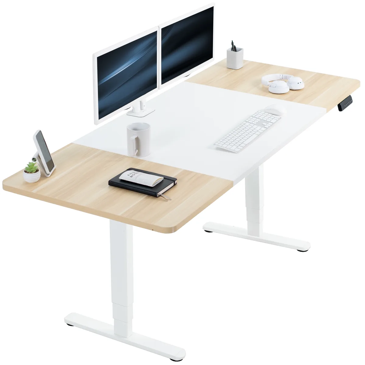 VIVO VIVO Electric 71 x 30 Stand Up Desk White &amp; Light Wood Top White Frame office furniture — product photo