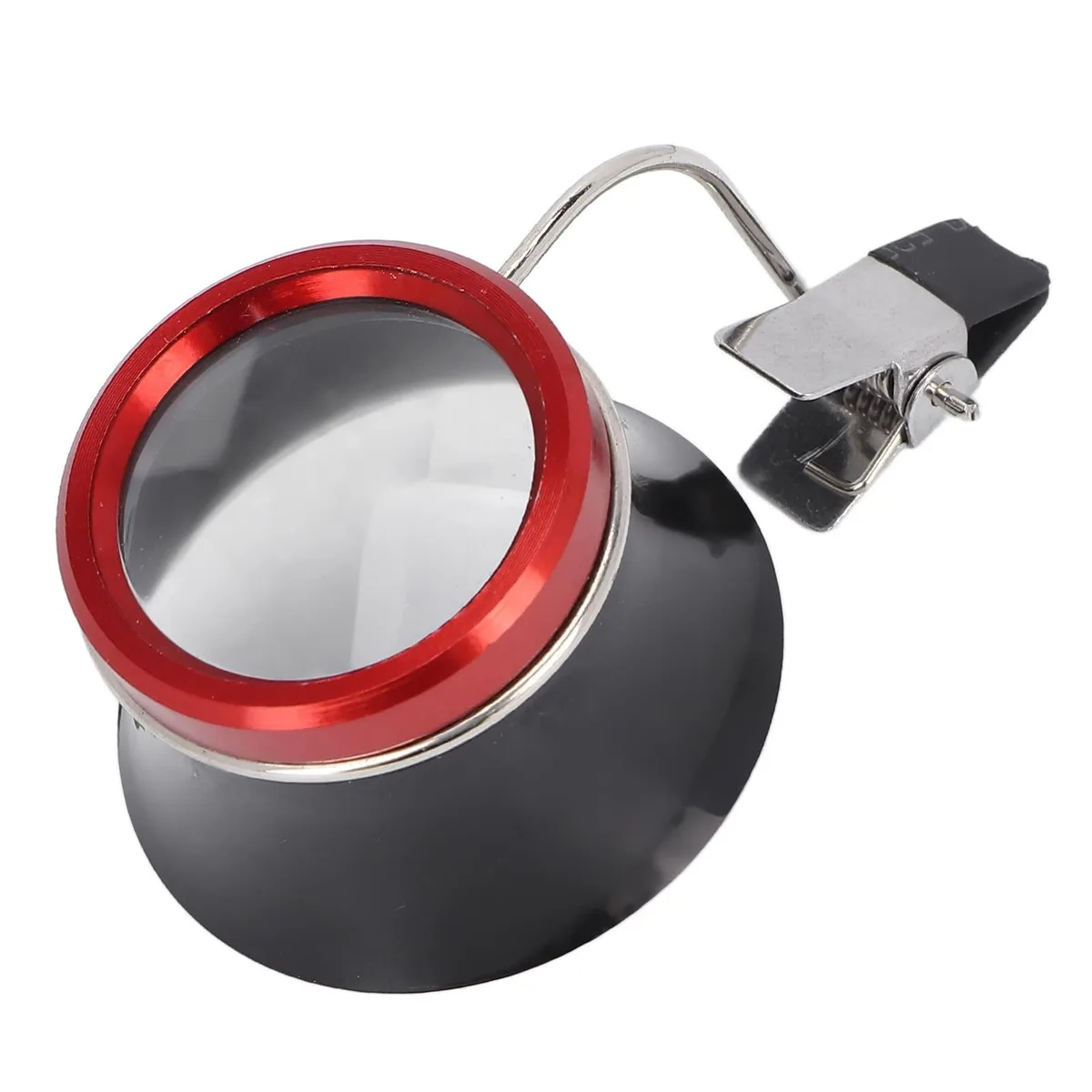 Silver 5X magnifying loupe with spring clip, compact plastic body