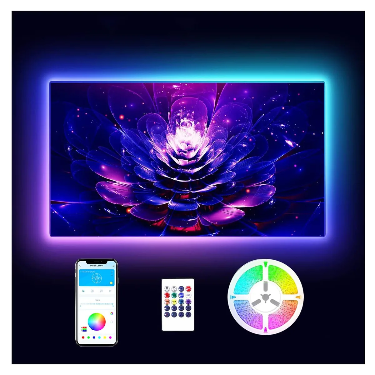 White 15 ft LED strip kit with USB power and remote for 65 to 75 inch TVs