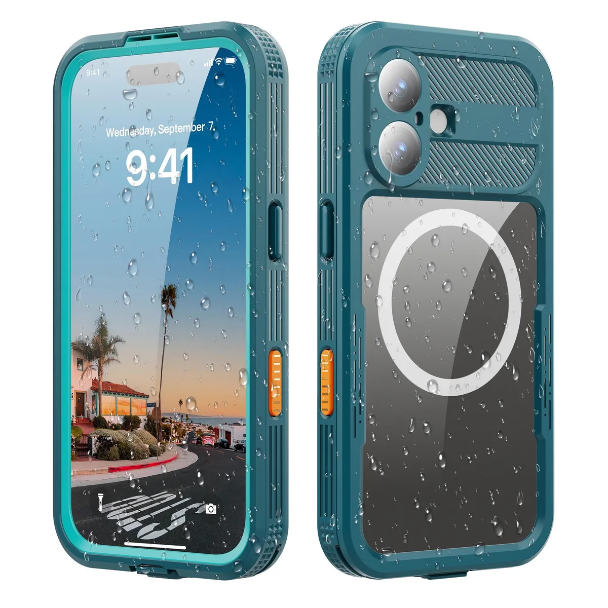 Black waterproof case for iPhone 17 with clear back and built-in screen protector