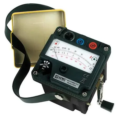AEMC 6503 hand-cranked megohmmeter in yellow case with analog display and test leads
