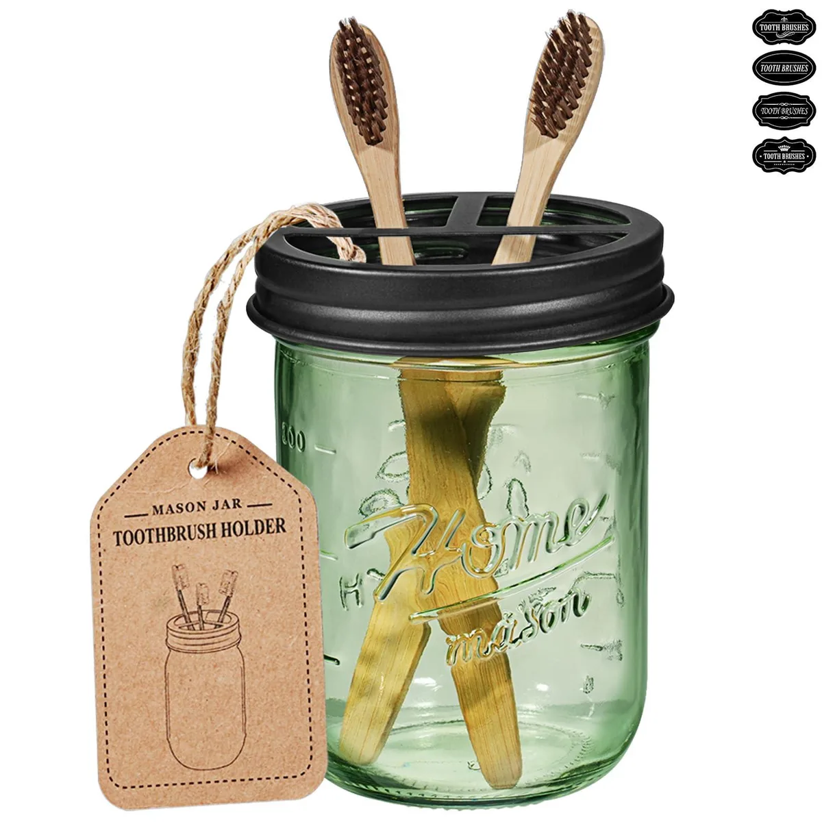 Black glass Mason-jar toothbrush holder with stainless-steel lid, 3.5 by 4.7 inches