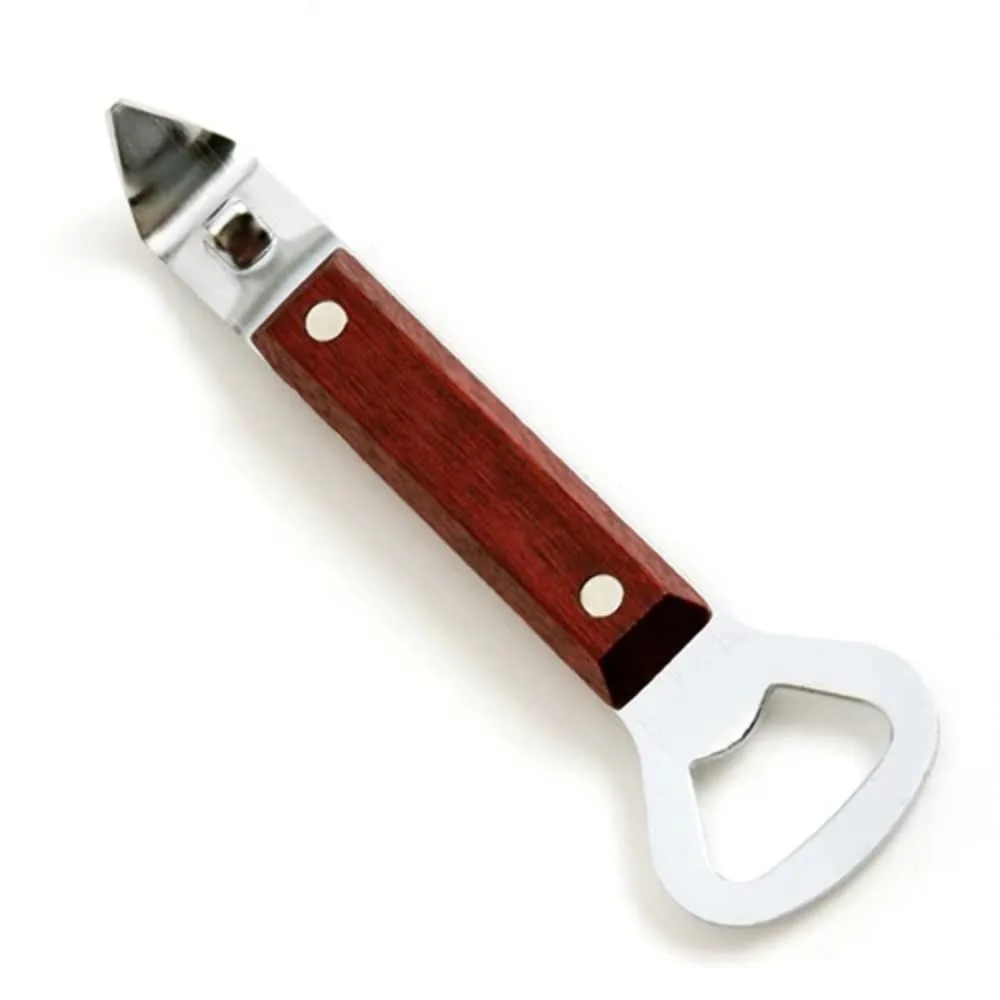Brown manual can punch and bottle opener with hardwood handle, 5.75 inches long