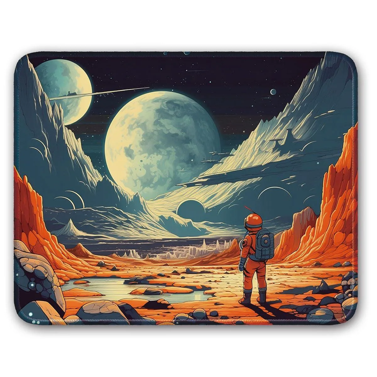 Rectangular cloth mouse pad, space-themed print, stitched edges, rubber base