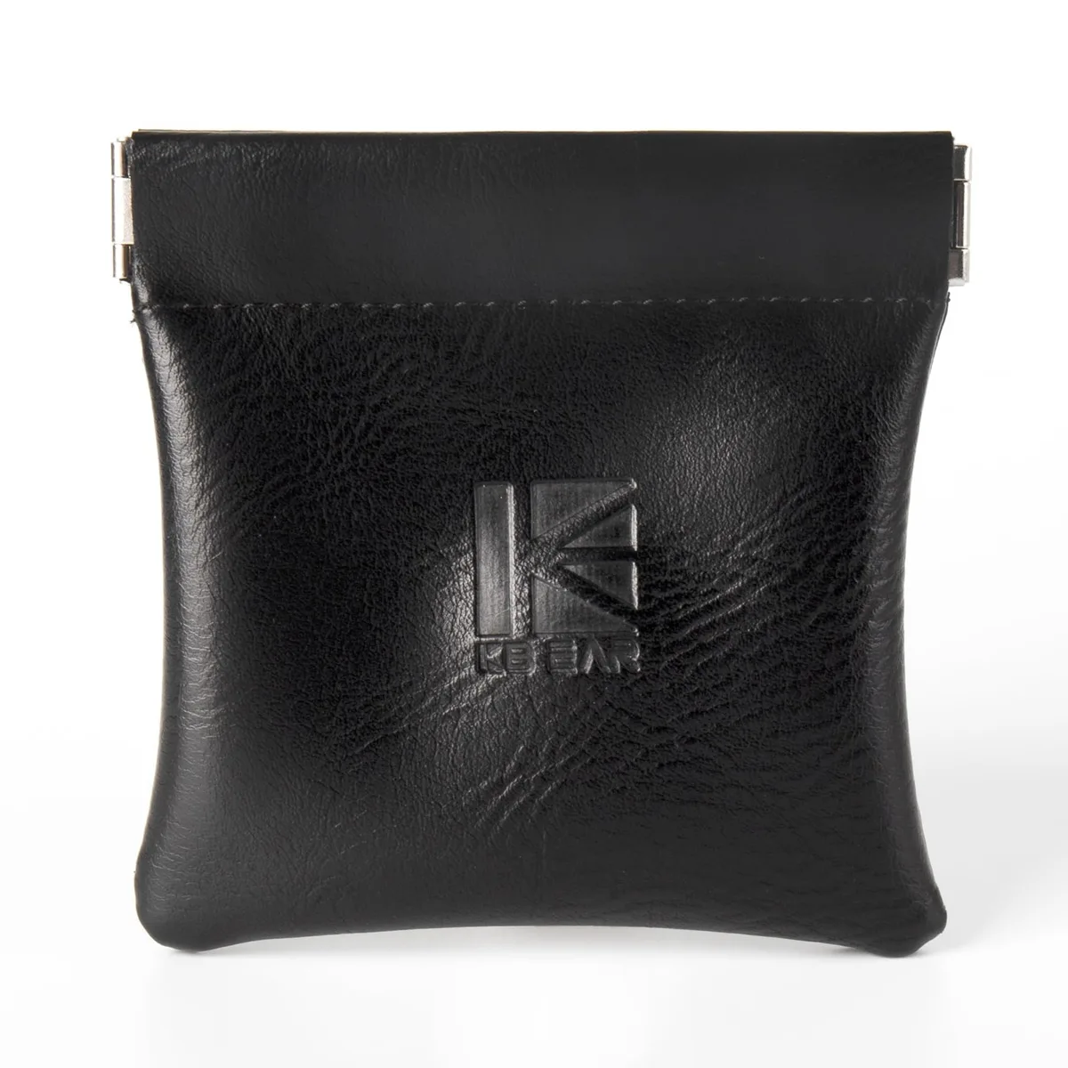 Black PU leather earphone pouch with spring closure, 8 by 6.5 cm