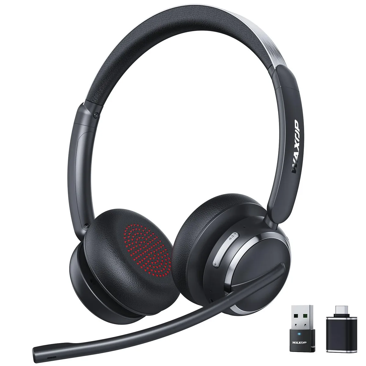 Black on-ear wireless headphones with USB-C dongle, matte finish