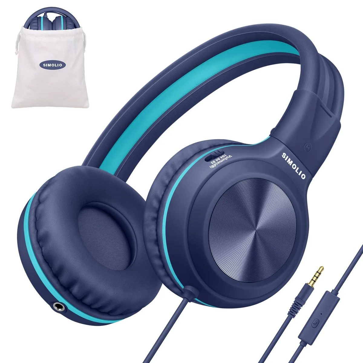 Navy-blue over-ear headphones with foldable frame, 3.5 mm cord and carry pouch