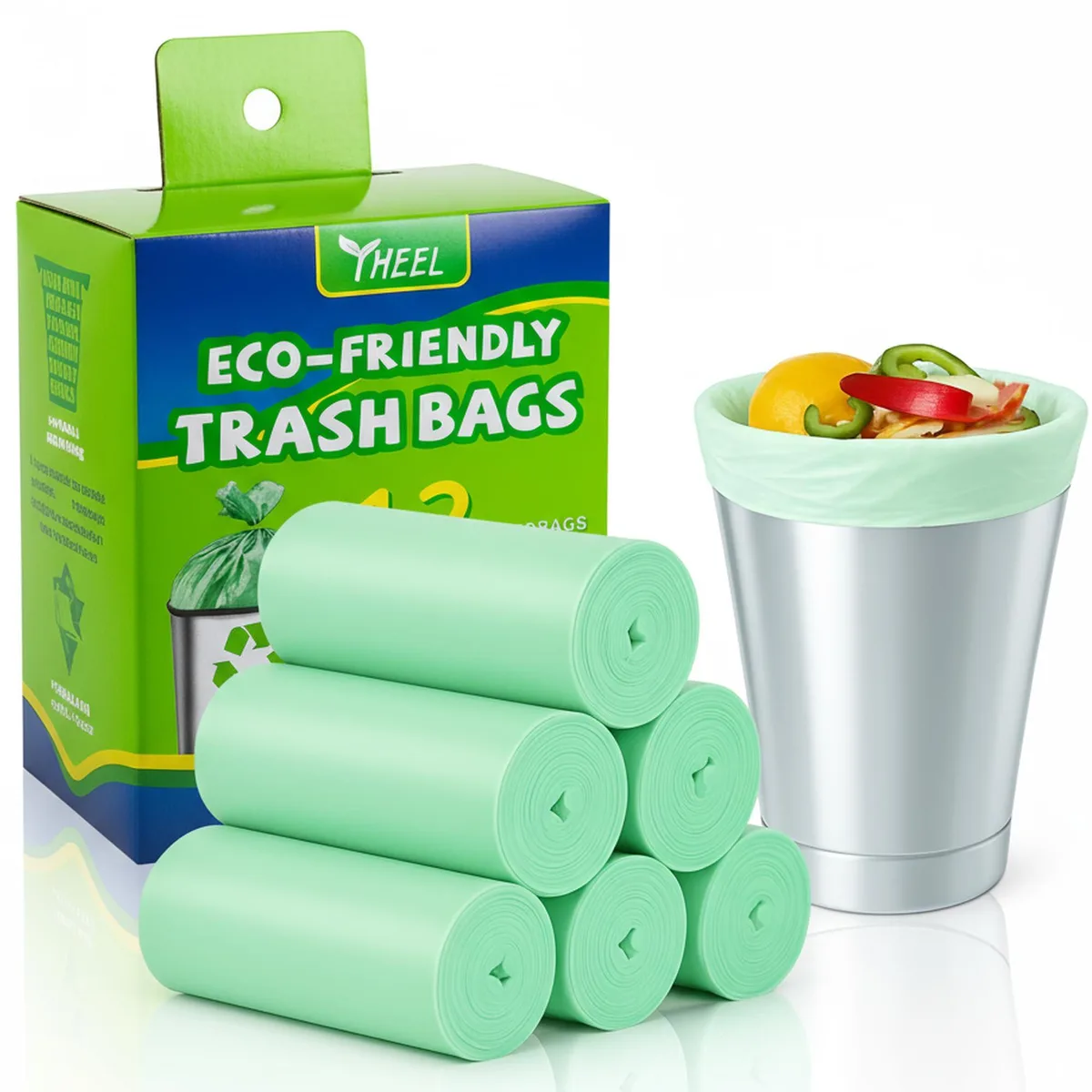 White plastic trash bags in a pack, 1.2 gallon size, 150 count