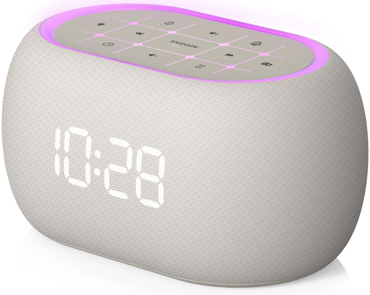 Compact latte fabric digital clock radio, 4.72 by 1.5 by 2.76 inches