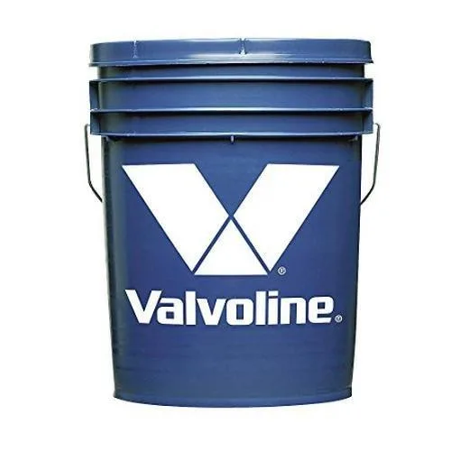 Blue 5 gal metal pail of Valvoline AW 32 hydraulic fluid