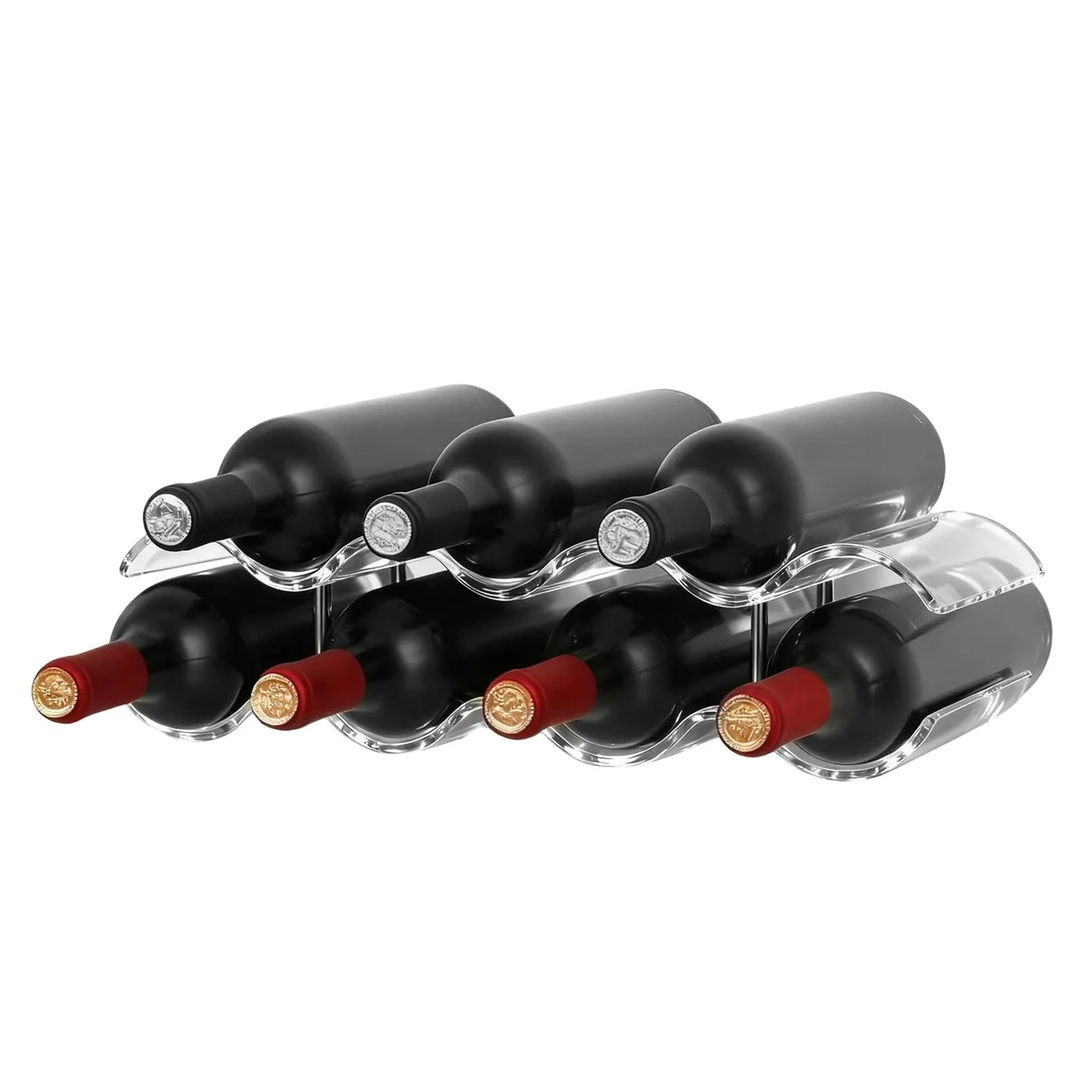 Clear acrylic wave wine rack holding 14 bottles, 16.5 inches wide, stainless steel accents