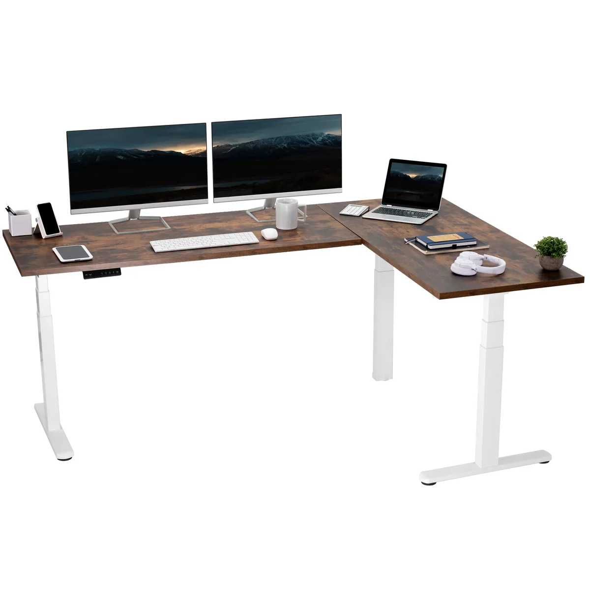 VIVO VIVO Electric 78" x 55" Corner Desk Vintage Brown White Frame — product photo