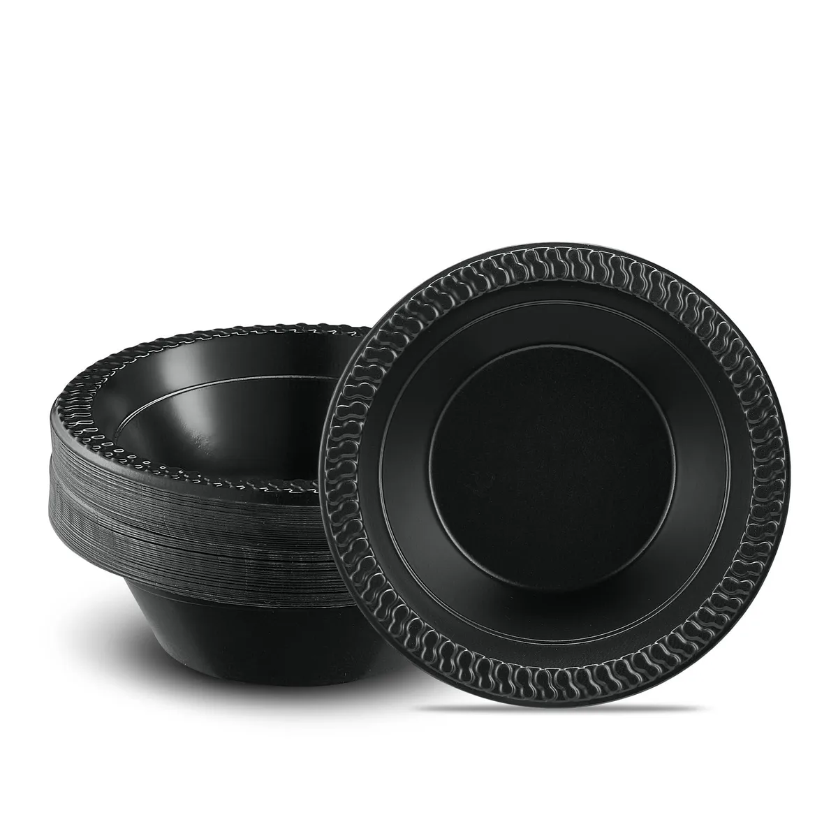 One hundred black round plastic bowls stacked together