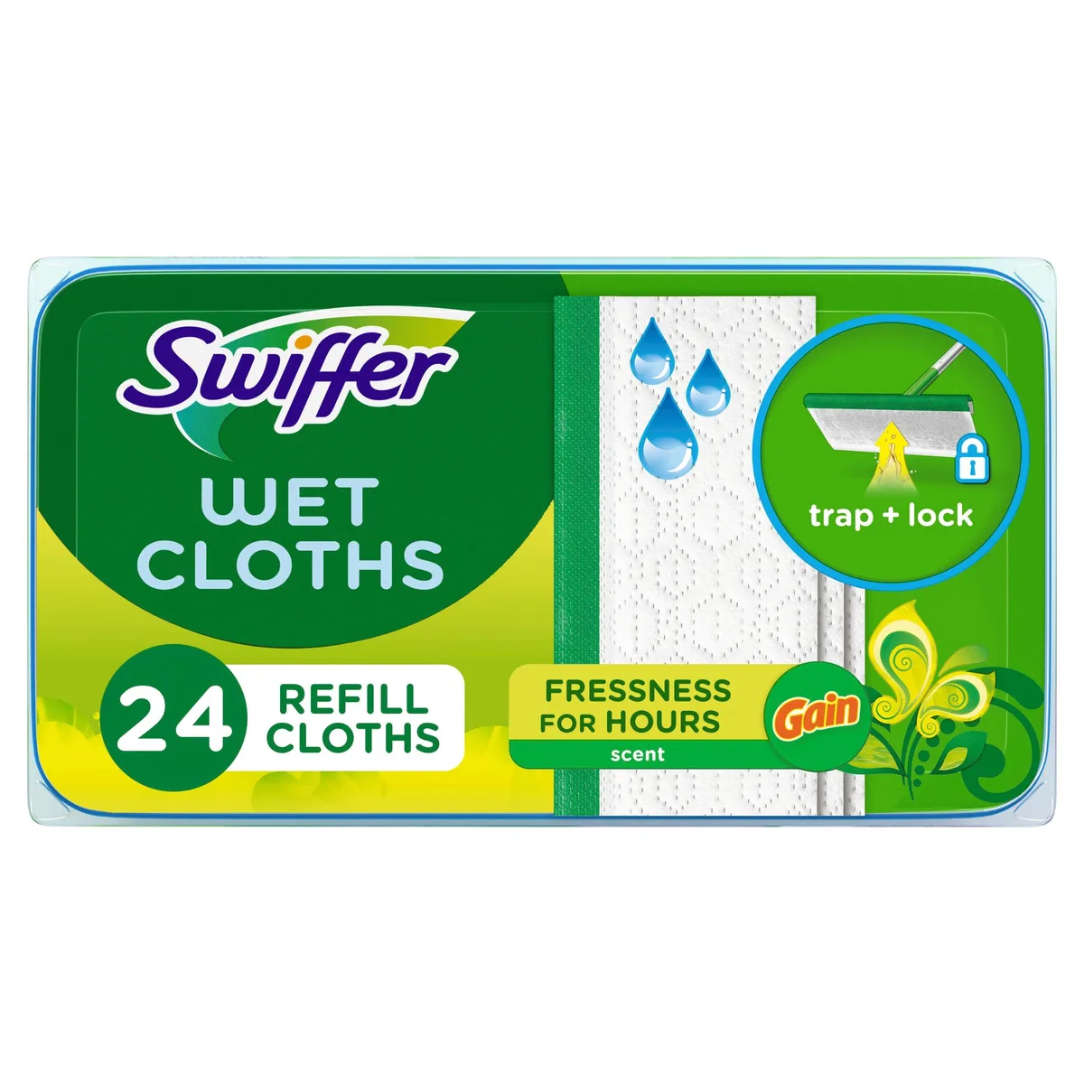 Cardboard box containing 24 textured wet mopping cloths with Gain scent