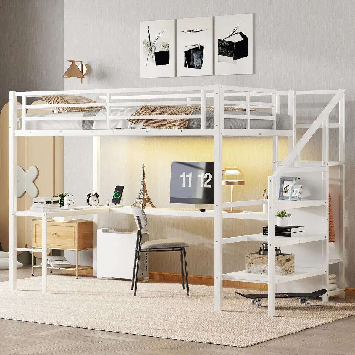 White metal Twin XL loft bed with L‑desk, wardrobe, stairs and LED strip