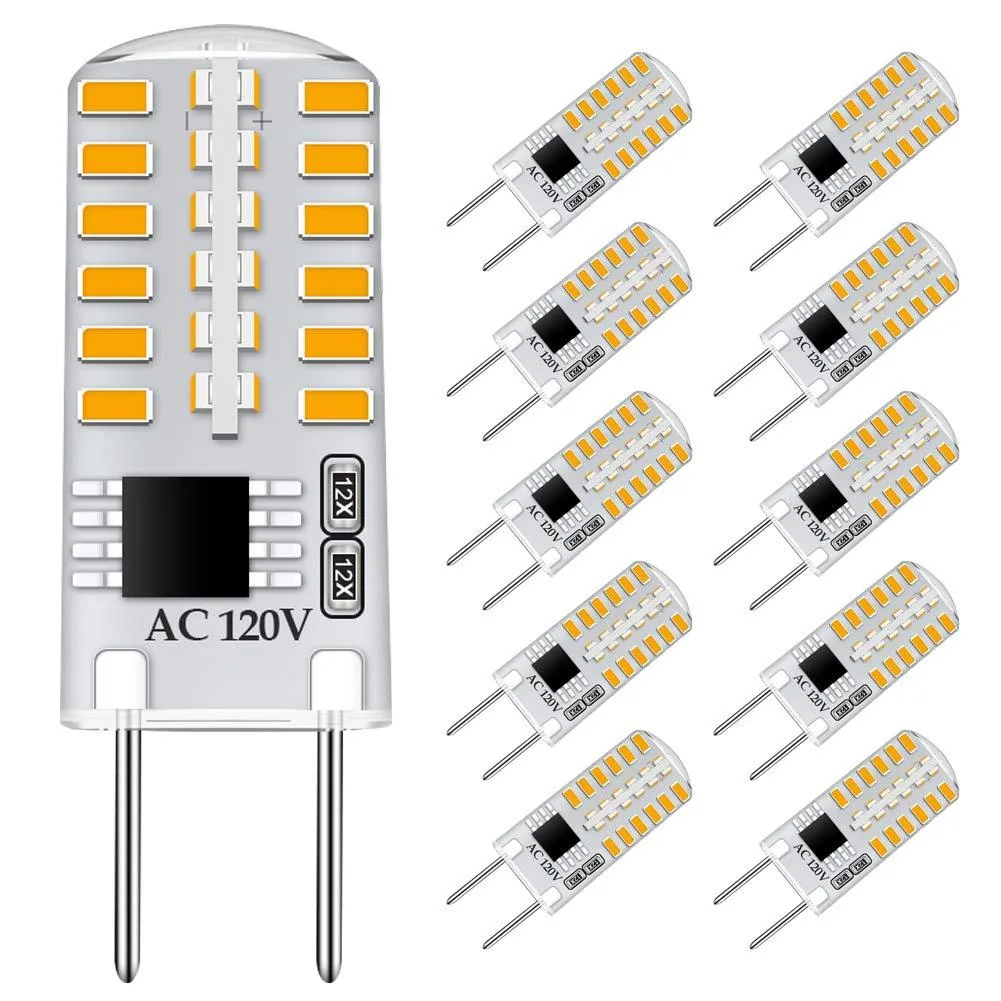 Ten clear G8 bi-pin LED bulbs in a pack